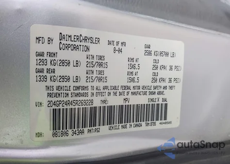 2005 Dodge Grand Caravan Se z USA, uszkodzony, nr VIN 2D4GP24R45R269228